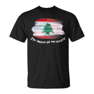 T-shirt « J'ai fière de mes racines » avec drapeau libanais américain - Product Image 1