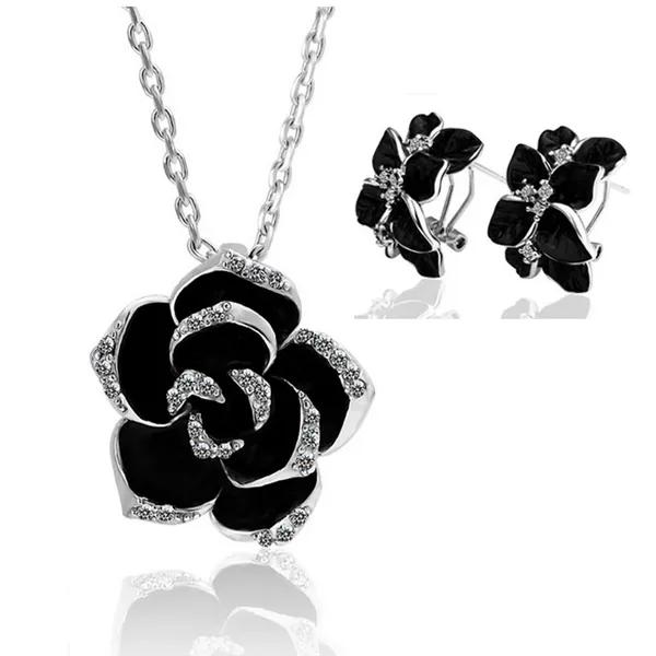 Fashion Rose Flower Enamel Stainless Steel Jewelry Set Rose Gold Color Black Painting Bridal Jewelry Sets For Women