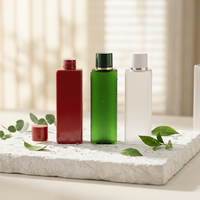 Bouteille de lotion vide en PETG, 200 ml, plate et carrée, verte et rouge, finition mate, avec bouchon intérieur et capuchon, personnalisable avec logo, vente en gros