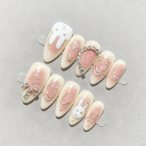 Uñas Postizas Francesas con Diamantes Hechas a Mano, Uñas Artificiales de Longitud Media en Forma de Almendra, Pegamento de Larga Duración para Chicas y Mujeres - Product Image 2