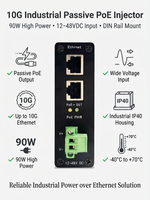 Injecteur PoE passif industriel 10G 90W, entrée 12-48VDC, montage sur rail DIN, IP40 pour caméra IP, CPE sans fil