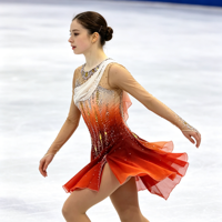 Robe de patinage artistique dégradé blanc-orange-rouge, asymétrique à une épaule, manches longues, dos ouvert avec chaîne, ornée de strass, jupe irrégulière