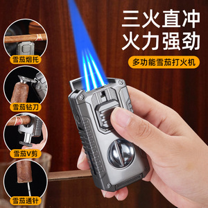 Wholesale 5 1 Three Flame <b>Cigar</b> <b>Lighter</b> V Cutter Metal Windproof Portable Multifunctional Refillable Butane <b>Cigar</b> Accessories - Product Image 4