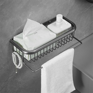 Zinc Alloy Polished Gun Gray Modern Bathroom Rack Square Mesh <b>Basket</b> Wall-Mounted <b>Shelf</b> with Hook and Towel Bar - Product Image 1