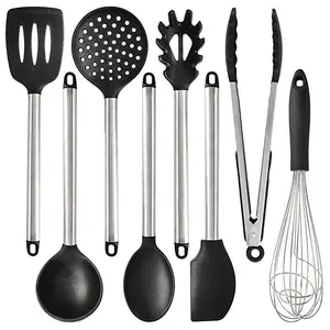 8Pcs Non-stick Hittebestendige Rvs Siliconen Keukengerei Koken Set Met Houder