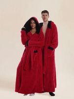 Peignoir de couple festif et chaud à capuche, rouge et noir contrastant, avec bordure en sherpa, long et moelleux, idéal pour hôtel, spa, maison, vacances, douche