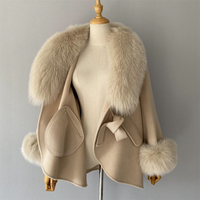 Manteau en Laine Lâche Imprimé à Manches Longues Élégant pour Femme, Manteau Décontracté en Laine Vierge Ceinturé avec Col en Vraie Fourrure Luxe pour l'Automne et l'Hiver