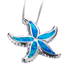 Lindo colgante de estrella de mar azul ópalo de fuego piedra estrella de mar collares para mujeres Vintage Color plata caja cadenas collar joyería de boda - Product Image 6
