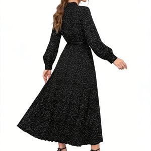 Robe longue plissée à pois pour femme, col noué, manches longues, fluide, style vintage décontracté, Sehe Fashion - Product Image 3