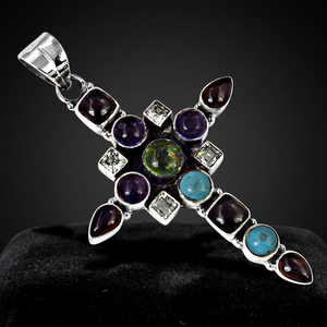 <b>Ruby</b> Multi Gemstone Cross Charm Pendant Silver Plated Classic Style Unisex Gift - Product Image 1