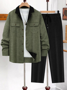 Traje Casual de Dos Piezas para Invitados de <span class=keywords><strong>Boda</strong></span>, Camisa Texturizada con Cuello en Contraste, Pantalones de Vestir Rectos - Product Image 5