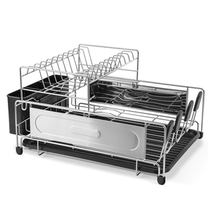 Grand égouttoir à vaisselle pour comptoir de cuisine en acier inoxydable, 2 niveaux, avec plateau de drainage et porte-ustensiles - Product Image 1