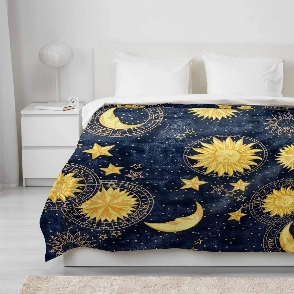 Boho Chic Golden Sun Moon and Stars Blue Black Sky Antique Style Decorative Blankets  Lightweight Flannel Fleece Throw Blanket