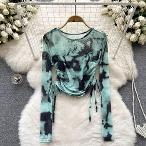 Annshine Blouse en mousseline à manches longues, coupe ajustée, col rond, avec cordon de serrage et maille tie-dye, design vintage de niche, Nouvelle collection été 2026 - Product Image 1