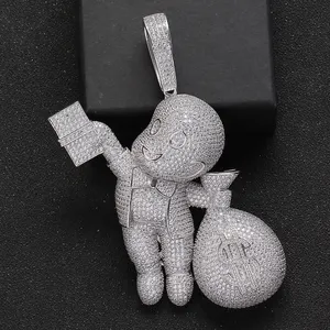 Large Size High Quality Sterling Silver 925 CZ stones Cartoon Men Money Bag Necklace Hip hop pendant Jewelry Bling Necklace