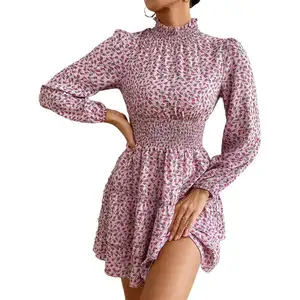 No MOQ Trending Ladies Cute Floral Print Vestidos Casual Frilled Turtle Neck Dress for Women