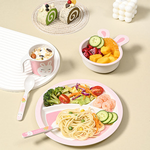Juego de Platos de Fibra de Bambú para Bebés, Plato con Compartimentos Creativos de Dibujos Animados para Niños, Tazón, Taza, Tenedor, Cuchara, Vajilla para Guardería y Restaurante - Product Image 3