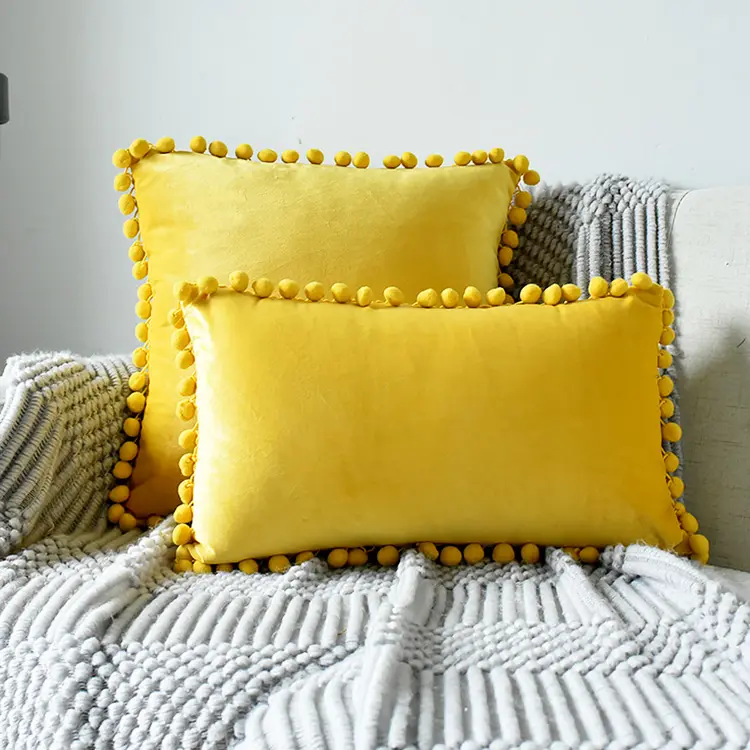 Decorative Cozy Breathable Rectangle Throw Couch Pillow Cases Velvet Cushion Cover With Plush Ball