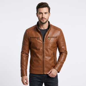 Chaqueta de Cuero Genuino Color Bronceado para Hombre, Estilo Motero, Cuello Alto, Chaqueta de Cuero para Motocicleta, Fabricante OEM ODM - Product Image 1