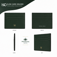 Porte-cartes en cuir minimaliste vert forêt avec surface lisse, fentes horizontales incurvées et coutures soignées OEM