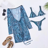 Nouveau Maillot de Bain Sexy pour Femmes, Vente Chaude, Bikini Bleu Imprimé Léopard, Maillot de Bain Long en Maille Trois Pièces, Entreprise de Fabrication