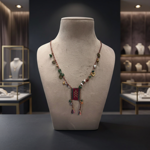 Collier artisanal Sstringz en perles Miyuki Delica rouge bordeaux avec éclats de pierre verte, breloques dorées et pompons multicolores style bohème - Product Image 3
