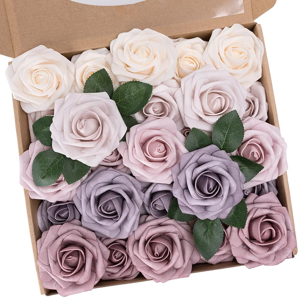 MACTING Artificial Flower Bouquet Dusty Purple 25 pcs Latex Foam Rose with Stem and Leaves Wedding Centerpiece Valentines'day