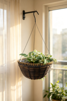 Panier suspendu pour plantes en ciment brun foncé, style américain, sculpté à la main, bord tressé triangulaire, 3 crochets métalliques, pour intérieur, extérieur, jardin