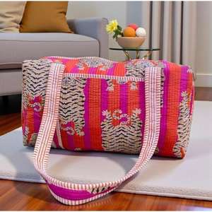 Bolsa de lona grande, bolsa de almacenamiento de algodón, bolsa de viaje acolchada hecha a mano, bolsa de hombro de tamaño estándar con estampado de bloques, bolsa de compras estilo boho. - Product Image 2