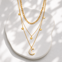Collier Pendentif Étoile et Lune SA Jewelry en Acier Inoxydable Plaqué Or 18K avec Perle, Délicat et Empilable, pour Femme, Vente en Gros