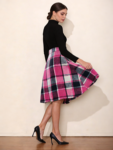 Women's Natural Waist Plus Size Magenta Checkered Casual Ruffles <b>Knee</b>-<b>Length</b> <b>A</b>-<b>Line</b> Flared Swing <b>Skirt</b> for Winter - Product Image 3