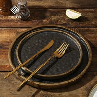 Assiette de table en céramique FENN de luxe personnalisée avec bord doré, assiette ronde en grès moucheté pour sushi et steak, plateau commercial pour hôtel et restaurant