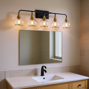 Modern 5 <b>Light</b> 40 Inch Vanity Wall Sconce Iron Black Gold Bathroom Mirror Lamp Clear Glass Shades Mounted Fixture - Product Image 2