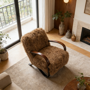 Fauteuil de salon moderne nordique en bois de hêtre, revêtement en fausse fourrure de laine d'agneau tibétaine marron, canapé paresseux pour salon - Product Image 3