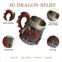 Chope à Bière Dragon 450ml Acier Inoxydable et Résine Corps en Relief Dragon Rouge 3D avec Anse Aile Dragon Rétro Cadeau