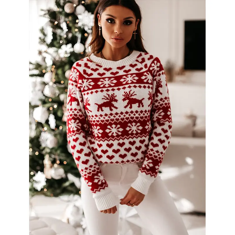 Pull tricoté à manches longues avec motif de flocon de neige de Noël pour femmes
