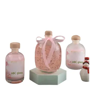 Best Price 375ml Clear Frost Fat Ball Shaped Glass Liquor Bottle Beverage Bottle With Mushroom Wooden Cap For Juice