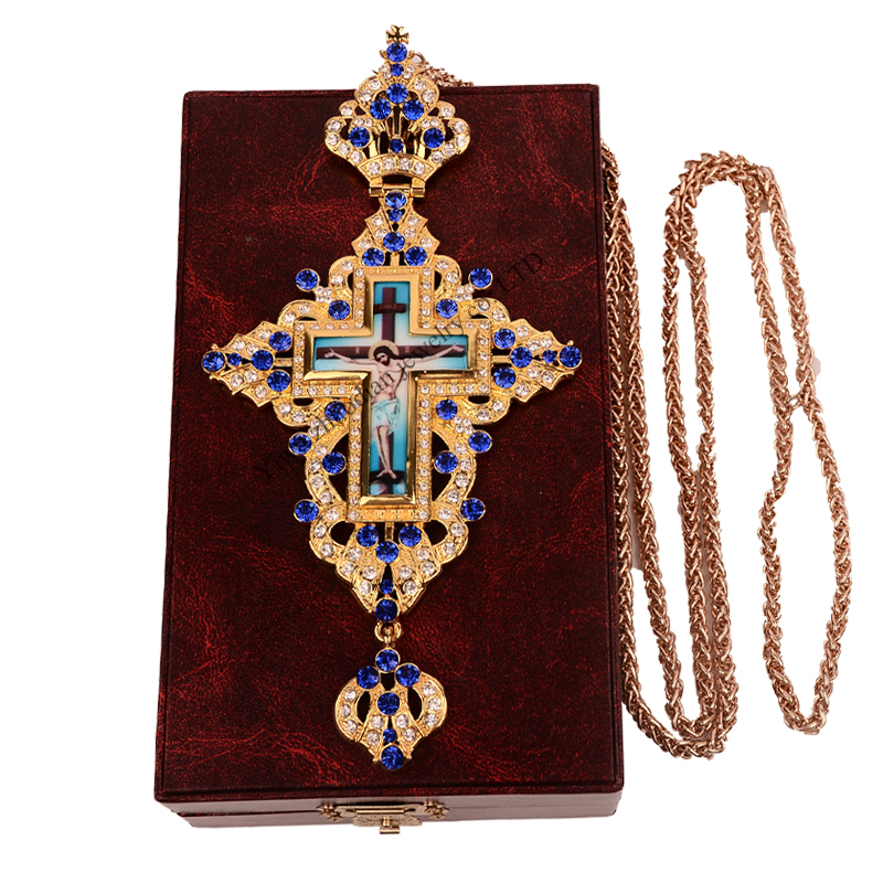 Collier de noël en or 24K OEM/ODM, avec boîte de luxe en alliage de diamant grec et pendentif croisé