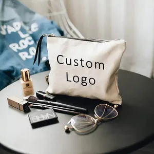 Logotipo personalizado Eco Friendly Algodão Em Branco Zipper Pouch Make Up Bags Lona De Algodão Liso Maquiagem Saco Cosmético