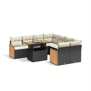 Conjunto de sofá de jardín de ratán blanco crema y negro con almacenamiento, 6 plazas, muebles de exterior de diseño contemporáneo, estilo madera de teca - Product Image 1