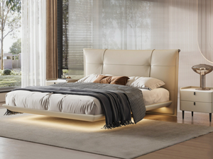Lit minimaliste italien <span class=keywords><strong>Miranda</strong></span> en cuir véritable avec éclairage, garniture élégante et chic, lit flottant de 1,8 m - Product Image 1