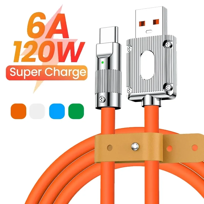 120W Super Fast Charging Cable Metal Zinc Alloy Liquid Silicone Micro USB Type-C Charger Data Cable For iPhone Android