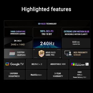 Monitor Gaming Curvo Ultraancho Rog Strix de 34 Pulgadas, OLED Mate, 240Hz, 0.03ms, Compatible con FreeSync y Gsync, 145% SRGB - Product Image 6