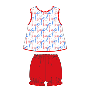 Completo per Bambine Personalizzato con Top Stampato a Fiocco e <span class=keywords><strong>Pantaloncini</strong></span> <span class=keywords><strong>Rossi</strong></span>, Set con Ricamo e Bordo Ric Rac in Cotone, <span class=keywords><strong>Outfit</strong></span> per il 4 Luglio - Product Image 4