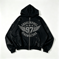 Hoodie Heavyweight Distressed Zip Up dengan Cetakan Nomor Sayap dan Detail Lubang, Streetwear Pria