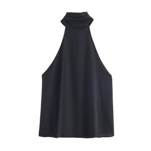 En stock: Blusa casual de verano para mujer, estilo halter de satén con cuello pequeño, sin espalda, con estampado de lunares, sexy y cómoda para el día a día. - Product Image 3
