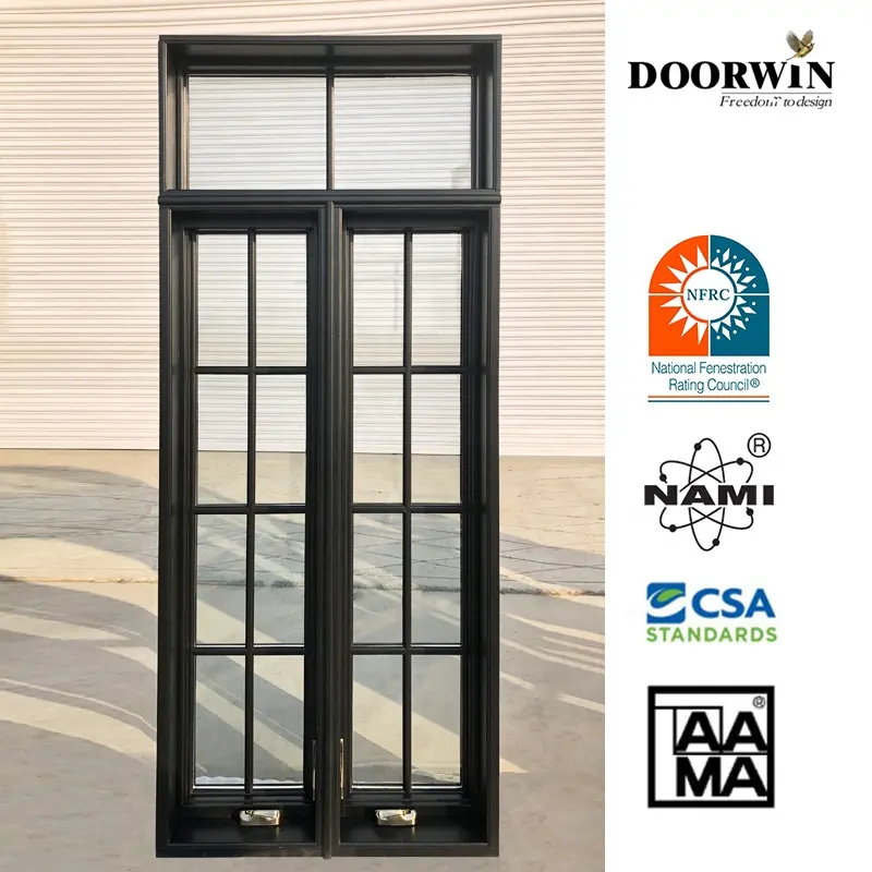 Doorwin American Style Aluminium Wood Composite Frame Window Residential Double Safe Glass Crank Open Out Swing Window