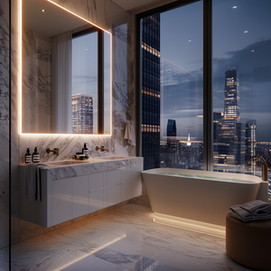 <span class=keywords><strong>Set</strong></span> Mobile da <span class=keywords><strong>Bagno</strong></span> Moderno per Hotel Impermeabile in Marmo con Doppio Lavabo e Specchio con Illuminazione - Product Image 5