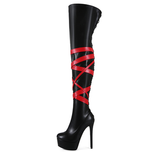 รองเท้าบูทผู้หญิงไซส์ใหญ่ 47 พื้นหนา แบบสวมสูงเหนือเข่า  ผูกเชือก  สายรัดไขว้สีแดง - Product Image 4