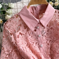 Robe décontractée élégante pour femme WIWT, en dentelle rose, coupe trapèze, col rabattu, manches mi-longues, ceinture, longueur midi, pour tous les jours et les soirées
